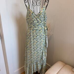 Altar'd State Yellow/Blue Floral Ruffle Faux Wrap V-Neck Cottage Maxi Dress- L